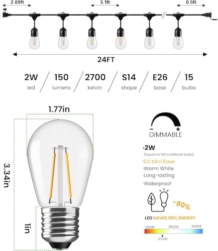 24 FT Outdoor String Lights LED 2W S14 Commercial Grade Waterproof, alternate view 2