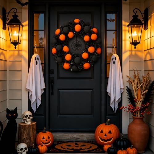 24" Halloween Wreath for Front Door, Foldable Halloween Wreath in Black Orange, alternate view 2