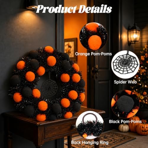 24" Halloween Wreath for Front Door, Foldable Halloween Wreath in Black Orange, alternate view 3