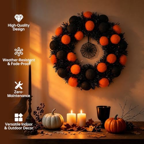 24" Halloween Wreath for Front Door, Foldable Halloween Wreath in Black Orange, alternate view 4