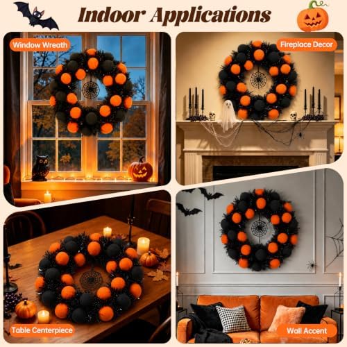 24" Halloween Wreath for Front Door, Foldable Halloween Wreath in Black Orange, alternate view 5