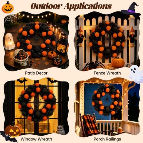 24" Halloween Wreath for Front Door, Foldable Halloween Wreath in Black Orange, alternate view 6