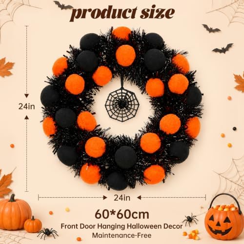 24" Halloween Wreath for Front Door, Foldable Halloween Wreath in Black Orange, alternate view 7