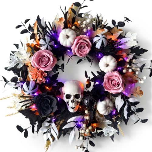 24'' Halloween Wreath for Front Door with Lights, Skeleton Skull in Gold White Pink and Black