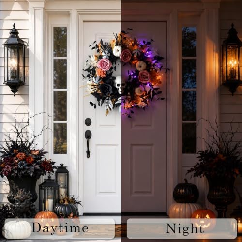 24'' Halloween Wreath for Front Door with Lights, Skeleton Skull in Gold White Pink and Black, alternate view 2