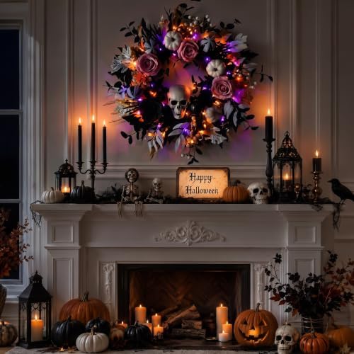 24'' Halloween Wreath for Front Door with Lights, Skeleton Skull in Gold White Pink and Black, alternate view 3