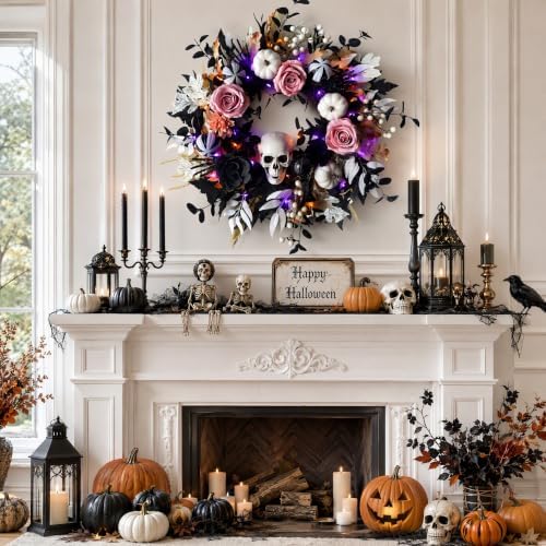 24'' Halloween Wreath for Front Door with Lights, Skeleton Skull in Gold White Pink and Black, alternate view 4