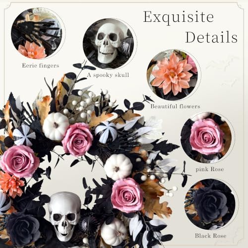24'' Halloween Wreath for Front Door with Lights, Skeleton Skull in Gold White Pink and Black, alternate view 6