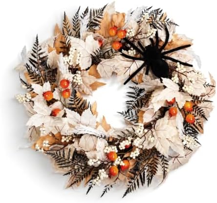 24" Halloween Wreath for Front Door with Spider, Maple Leaf in White