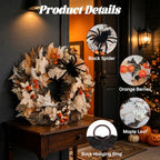 24" Halloween Wreath for Front Door with Spider, Maple Leaf in White, alternate view 3