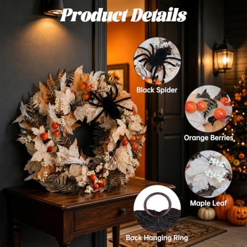 24" Halloween Wreath for Front Door with Spider, Maple Leaf in White, alternate view 3