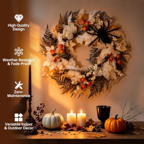 24" Halloween Wreath for Front Door with Spider, Maple Leaf in White, alternate view 4
