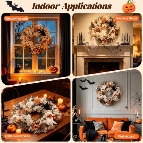24" Halloween Wreath for Front Door with Spider, Maple Leaf in White, alternate view 5
