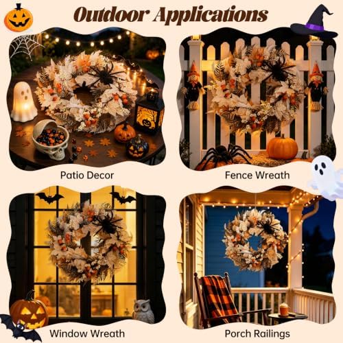 24" Halloween Wreath for Front Door with Spider, Maple Leaf in White, alternate view 6