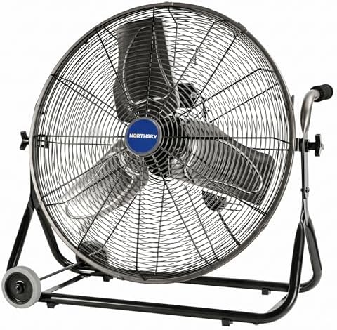 24" High Velocity Industrial Floor Fan, 360° Adjustable Tilt, Heavy Duty Metal Fan with 1/4 HP Motor, 3-Speed