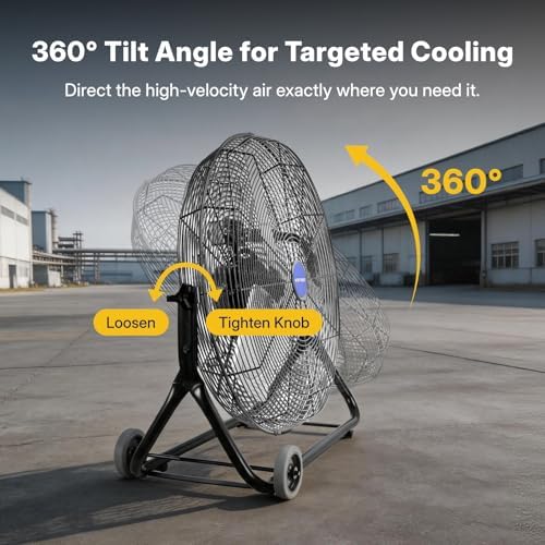 24" High Velocity Industrial Floor Fan, 360° Adjustable Tilt, Heavy Duty Metal Fan with 1/4 HP Motor, 3-Speed, alternate view