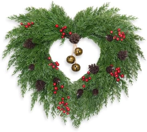 24 in Christmas Wreath for Front Door, Heart Wreath with Bells in Heart