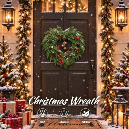 24 in Christmas Wreath for Front Door, Heart Wreath with Bells in Heart, alternate view 2