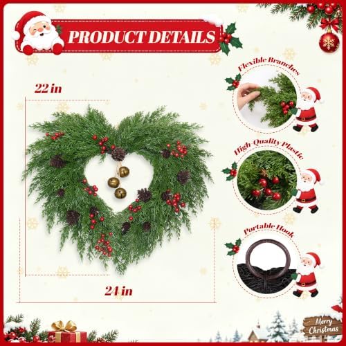 24 in Christmas Wreath for Front Door, Heart Wreath with Bells in Heart, alternate view 3