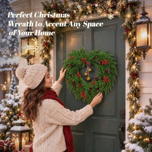 24 in Christmas Wreath for Front Door, Heart Wreath with Bells in Heart, alternate view 6