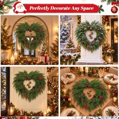 24 in Christmas Wreath for Front Door, Heart Wreath with Bells in Heart, alternate view 7