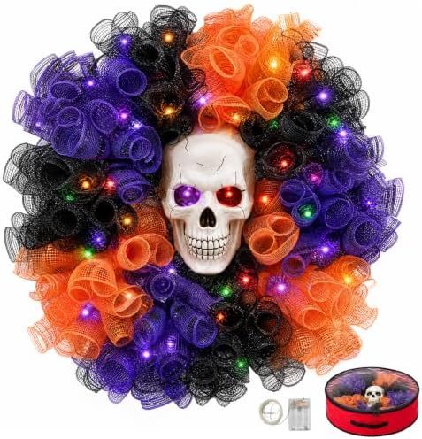 24 in Halloween Wreath with Skull and Color-Changing Lights in Orange