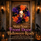24 in Halloween Wreath with Skull and Color-Changing Lights in Orange, alternate view 2