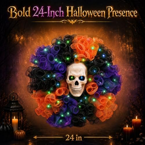 24 in Halloween Wreath with Skull and Color-Changing Lights in Orange, alternate view 4