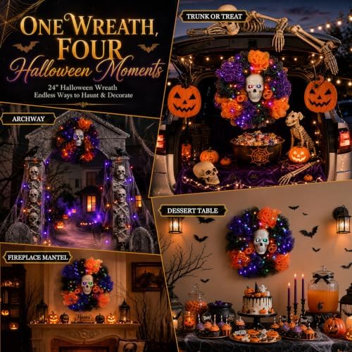 24 in Halloween Wreath with Skull and Color-Changing Lights in Orange, alternate view 5