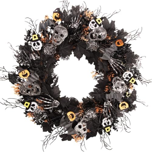 24 in Spooky Halloween Wreath for Front Door, Gothic Halloween Wreath with Skulls, Skeleton Hands, Bats, Spider