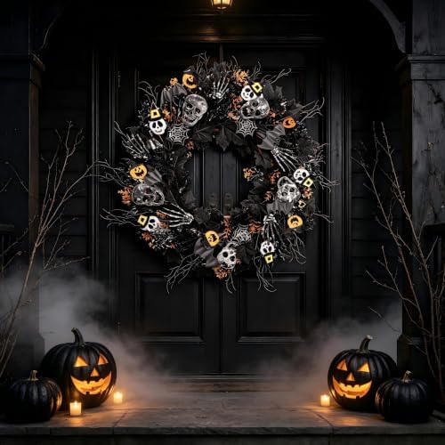24 in Spooky Halloween Wreath for Front Door, Gothic Halloween Wreath with Skulls, Skeleton Hands, Bats, Spider, alternate