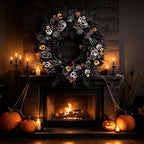 24 in Spooky Halloween Wreath for Front Door, Gothic Halloween Wreath with Skulls, Skeleton Hands, Bats, Spider, alternate