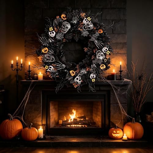 24 in Spooky Halloween Wreath for Front Door, Gothic Halloween Wreath with Skulls, Skeleton Hands, Bats, Spider, alternate