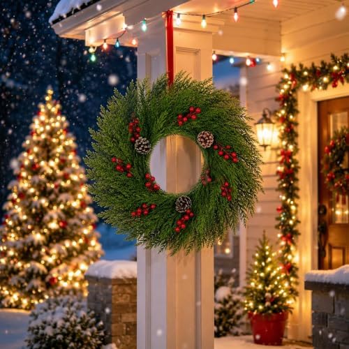 24 Inch Artificial Cedar Christmas Wreath, Green Faux Cedar Wreath for Front Door Wall Window Indoor Outdoor, alternate view