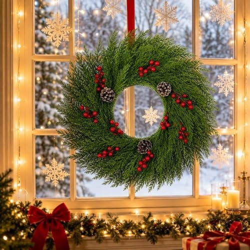 24 Inch Artificial Cedar Christmas Wreath, Green Faux Cedar Wreath for Front Door Wall Window Indoor Outdoor, alternate view