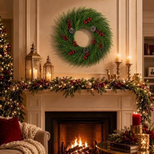 24 Inch Artificial Cedar Christmas Wreath, Green Faux Cedar Wreath for Front Door Wall Window Indoor Outdoor, alternate view