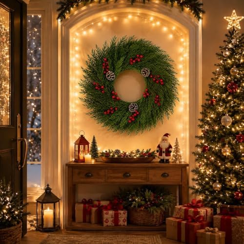 24 Inch Artificial Cedar Christmas Wreath, Green Faux Cedar Wreath for Front Door Wall Window Indoor Outdoor, alternate view