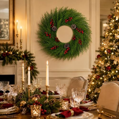 24 Inch Artificial Cedar Christmas Wreath, Green Faux Cedar Wreath for Front Door Wall Window Indoor Outdoor, alternate view