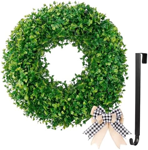 24 inch Boxwood Wreaths for Front Door with Burlap Bow and Hook