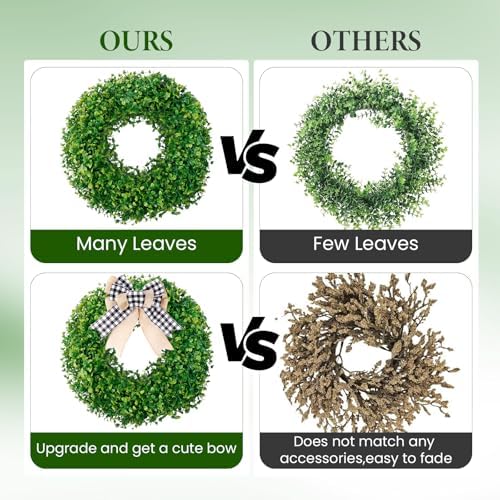 24 inch Boxwood Wreaths for Front Door with Burlap Bow and Hook, alternate view 5