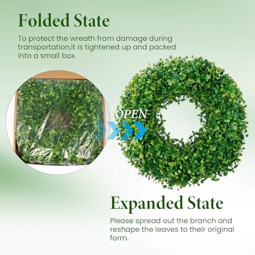 24 inch Boxwood Wreaths for Front Door with Burlap Bow and Hook, alternate view 6