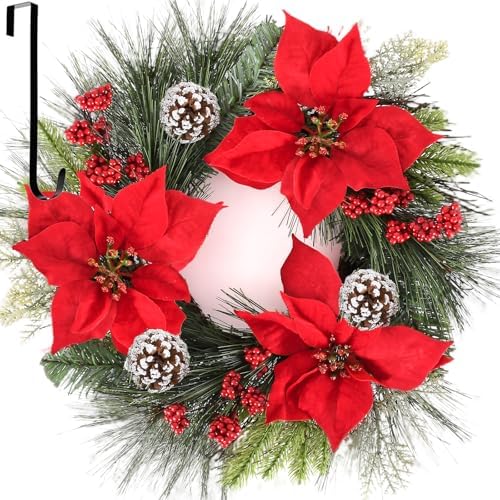 24 Inch Christmas Wreath for Front Door Outdoor with Hangers
