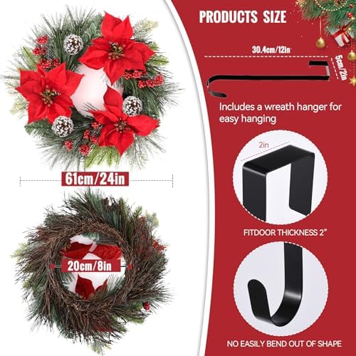 24 Inch Christmas Wreath for Front Door Outdoor with Hangers, alternate view 4