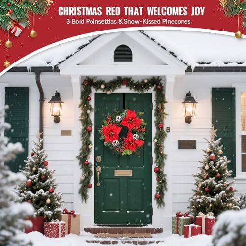24 Inch Christmas Wreath for Front Door Outdoor with Hangers, alternate view 5