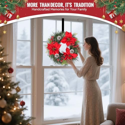 24 Inch Christmas Wreath for Front Door Outdoor with Hangers, alternate view 7