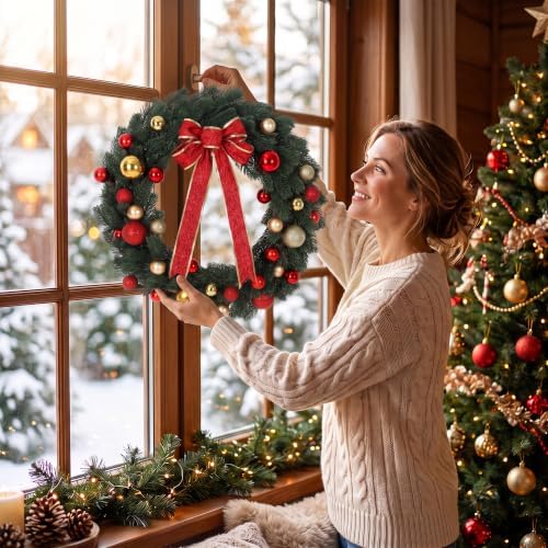 24 Inch Christmas Wreath, Red Bow and Balls, Front Door Decor, alternate view 2