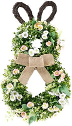 24 Inch Easter Bunny Wreath Spring Bunny Shaped Artificial Flower with Greenery Colorful Daisies Bow Knot for