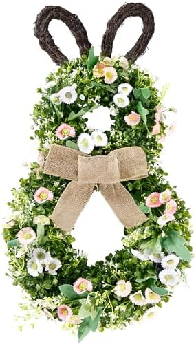 24 Inch Easter Bunny Wreath Spring Bunny Shaped Artificial Flower with Greenery Colorful Daisies Bow Knot for