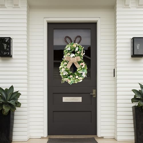 24 Inch Easter Bunny Wreath Spring Bunny Shaped Artificial Flower with Greenery Colorful Daisies Bow Knot for, alternate view