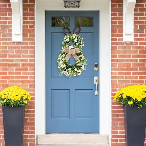 24 Inch Easter Bunny Wreath Spring Bunny Shaped Artificial Flower with Greenery Colorful Daisies Bow Knot for, alternate view